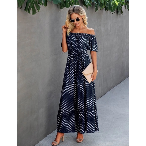 Boho Navy Blue Belted Off The Shoulder Maxi Dress - Picture 2 of 4